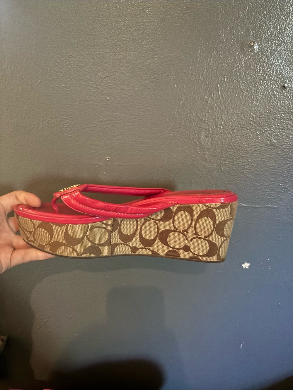 Coach Signature Canvas Platform Flip Flop with Pink Trim